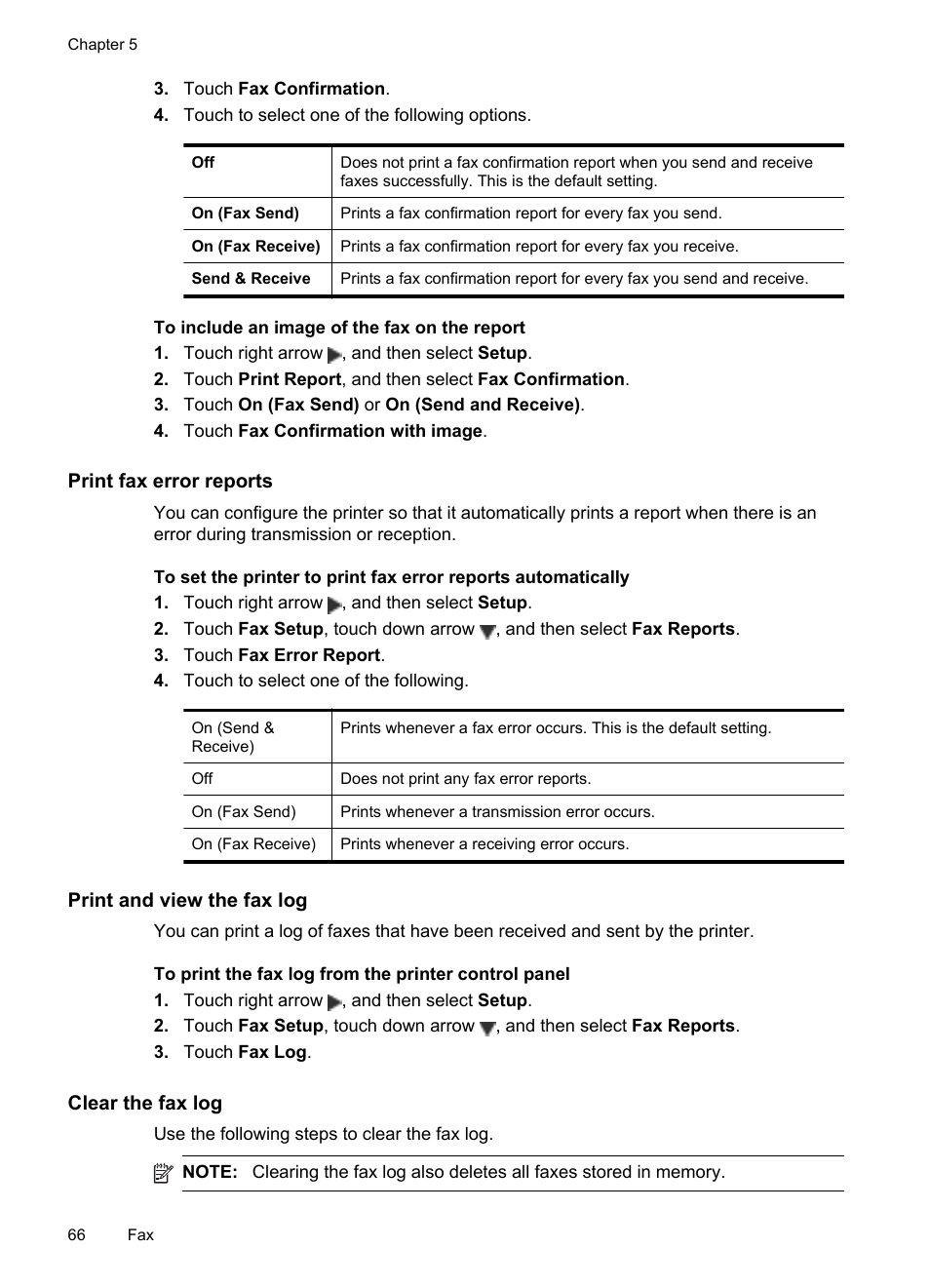 Print fax error reports, Print and view the fax log, Clear the fax log | HP Officejet 6500A Plus User Manual | Page 70 / 250