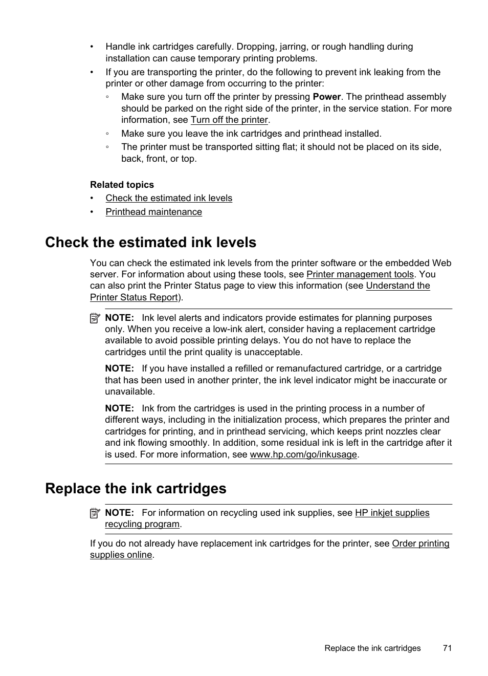 Check the estimated ink levels, Replace the ink cartridges | HP Officejet 6500A Plus User Manual | Page 75 / 250