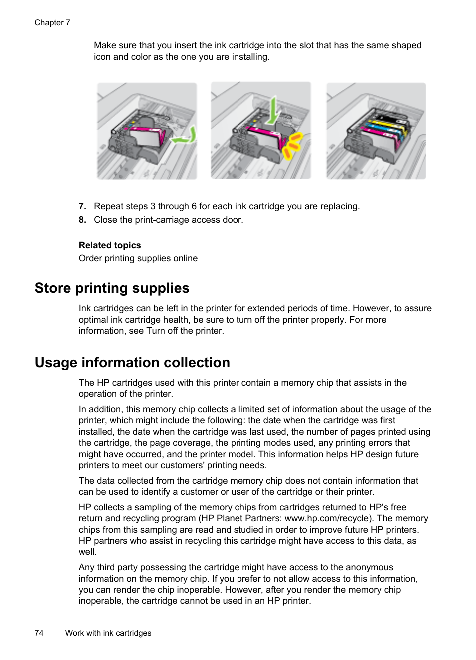Store printing supplies, Usage information collection | HP Officejet 6500A Plus User Manual | Page 78 / 250