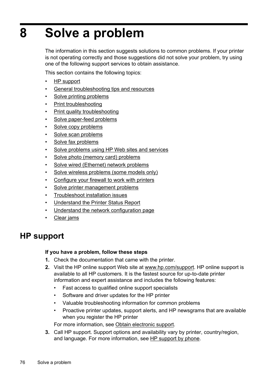 Solve a problem, Hp support, 8 solve a problem | Obtain electronic support hp support by phone, 8solve a problem | HP Officejet 6500A Plus User Manual | Page 80 / 250