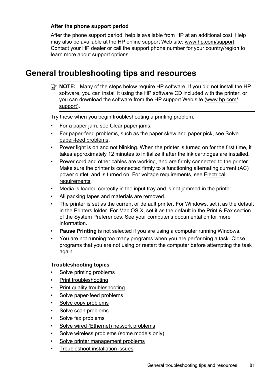 After the phone support period, General troubleshooting tips and resources | HP Officejet 6500A Plus User Manual | Page 85 / 250