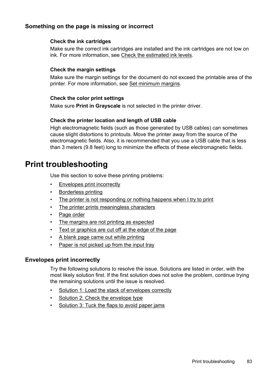 Print troubleshooting, Envelopes print incorrectly | HP Officejet 6500A Plus User Manual | Page 87 / 250