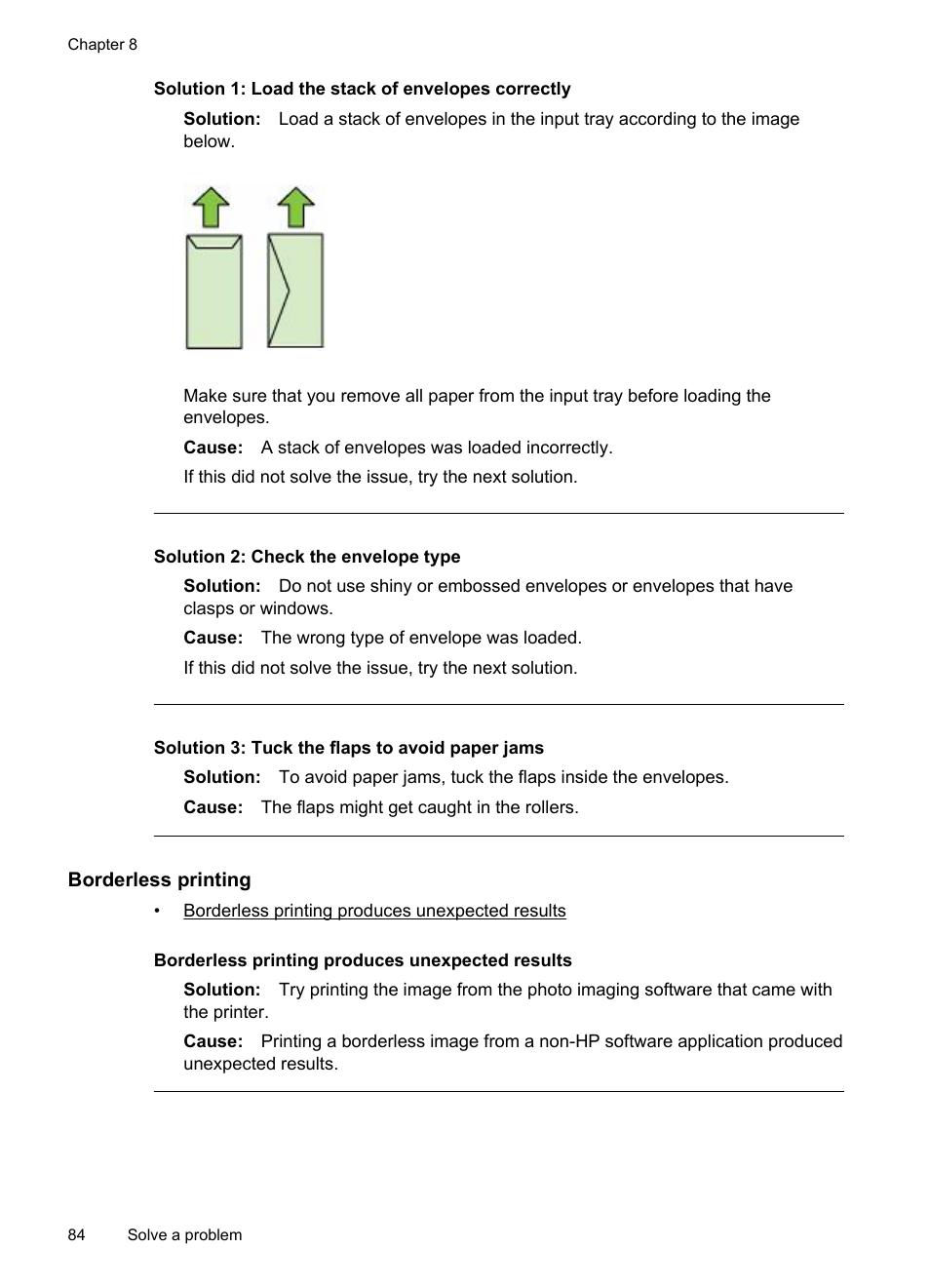 Borderless printing, Solution 1: load the stack of envelopes correctly, Solution 2: check the envelope type | Solution 3: tuck the flaps to avoid paper jams | HP Officejet 6500A Plus User Manual | Page 88 / 250