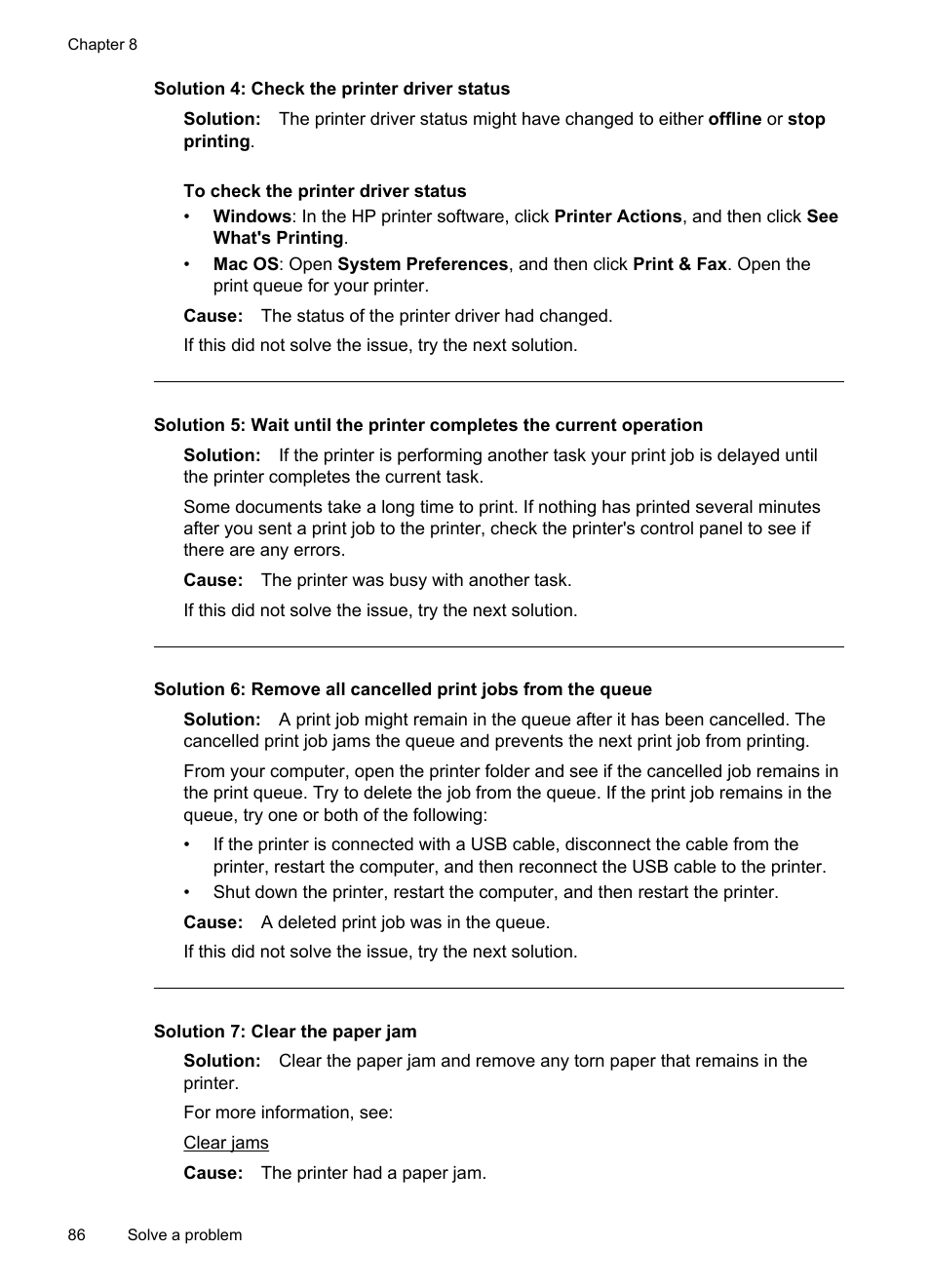 Solution 4: check the printer driver status, Solution 7: clear the paper jam | HP Officejet 6500A Plus User Manual | Page 90 / 250