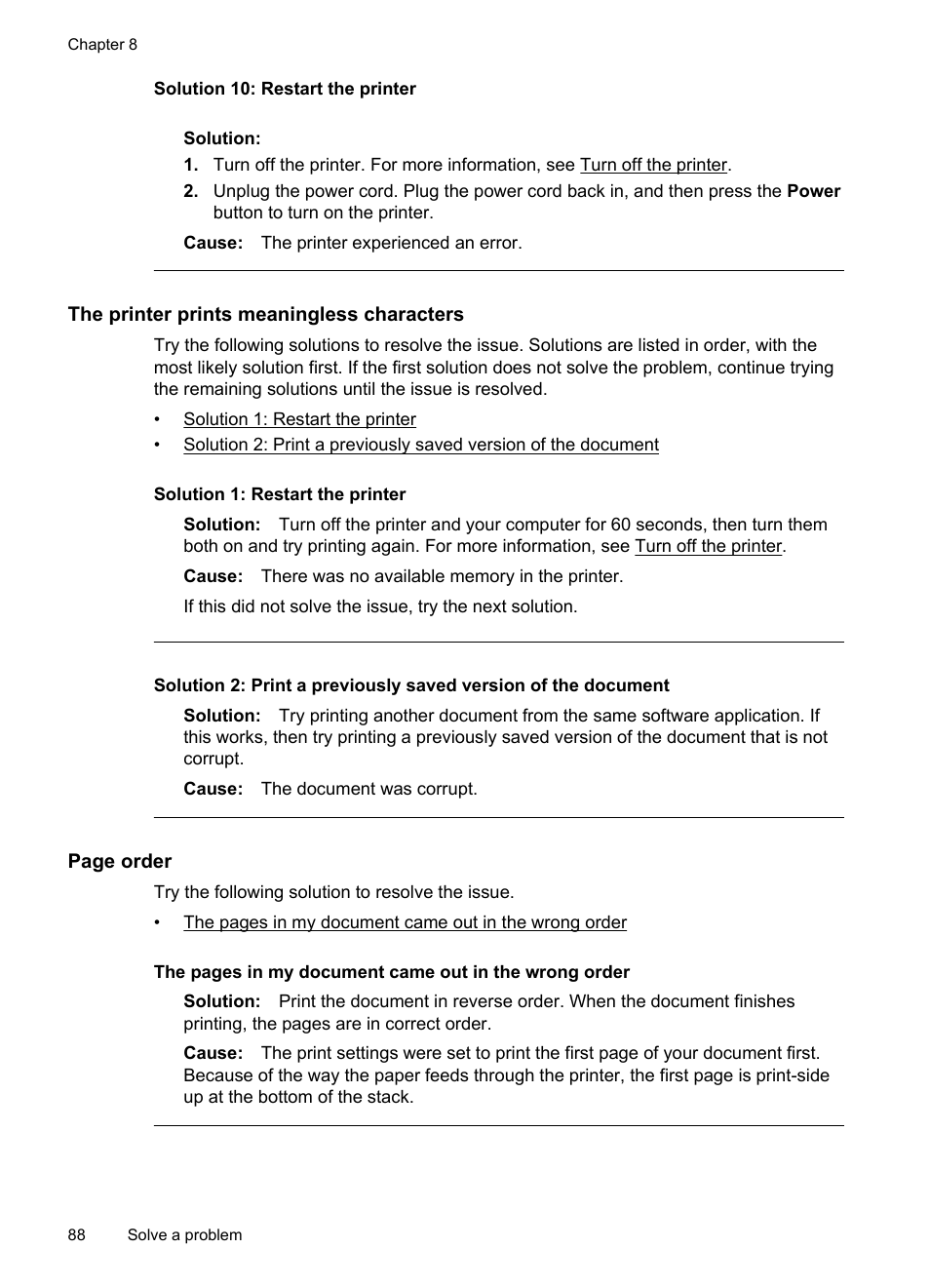 The printer prints meaningless characters, Solution 10: restart the printer | HP Officejet 6500A Plus User Manual | Page 92 / 250