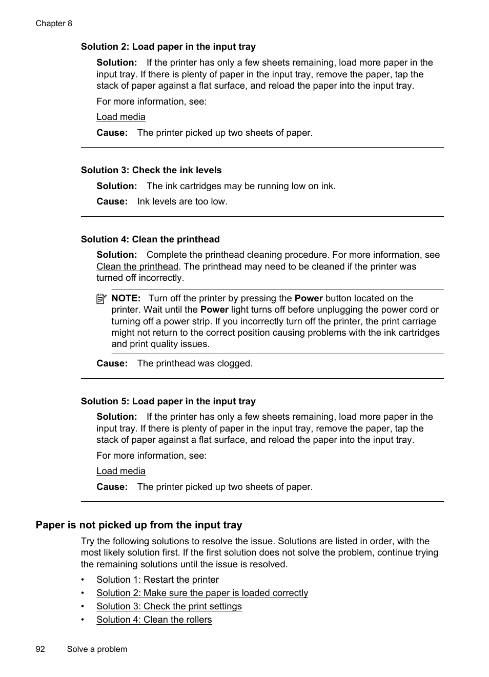 Paper is not picked up from the input tray, Solution 2: load paper in the input tray, Solution 3: check the ink levels | Solution 4: clean the printhead, Solution 5: load paper in the input tray | HP Officejet 6500A Plus User Manual | Page 96 / 250