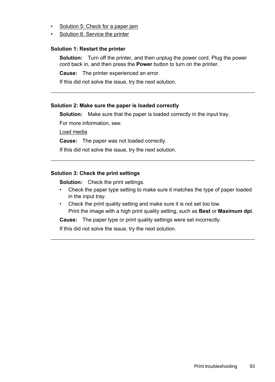 Solution 1: restart the printer, Solution 3: check the print settings | HP Officejet 6500A Plus User Manual | Page 97 / 250