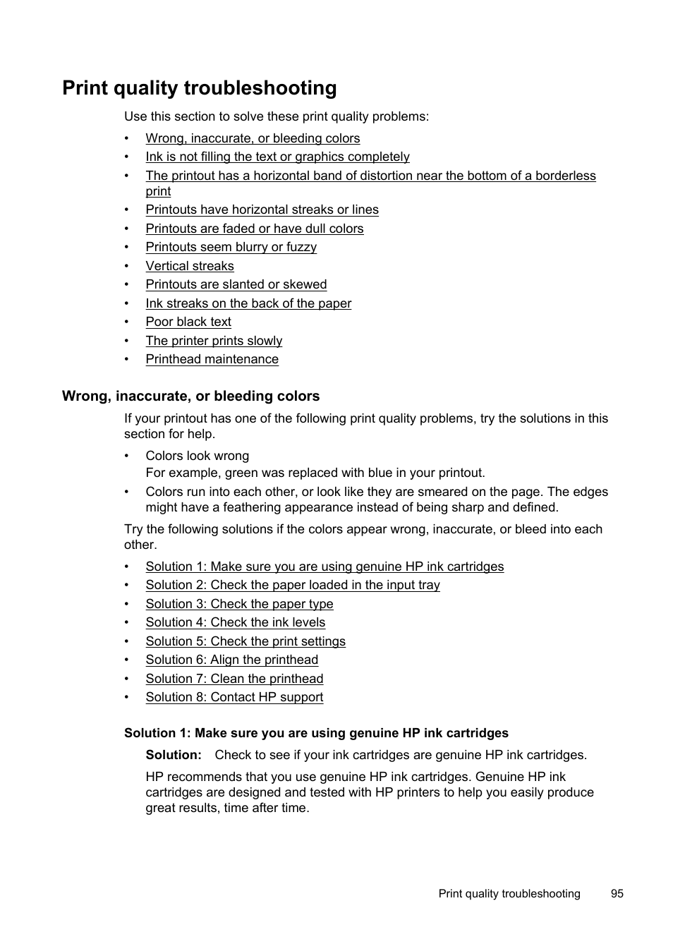 Print quality troubleshooting, Wrong, inaccurate, or bleeding colors | HP Officejet 6500A Plus User Manual | Page 99 / 250