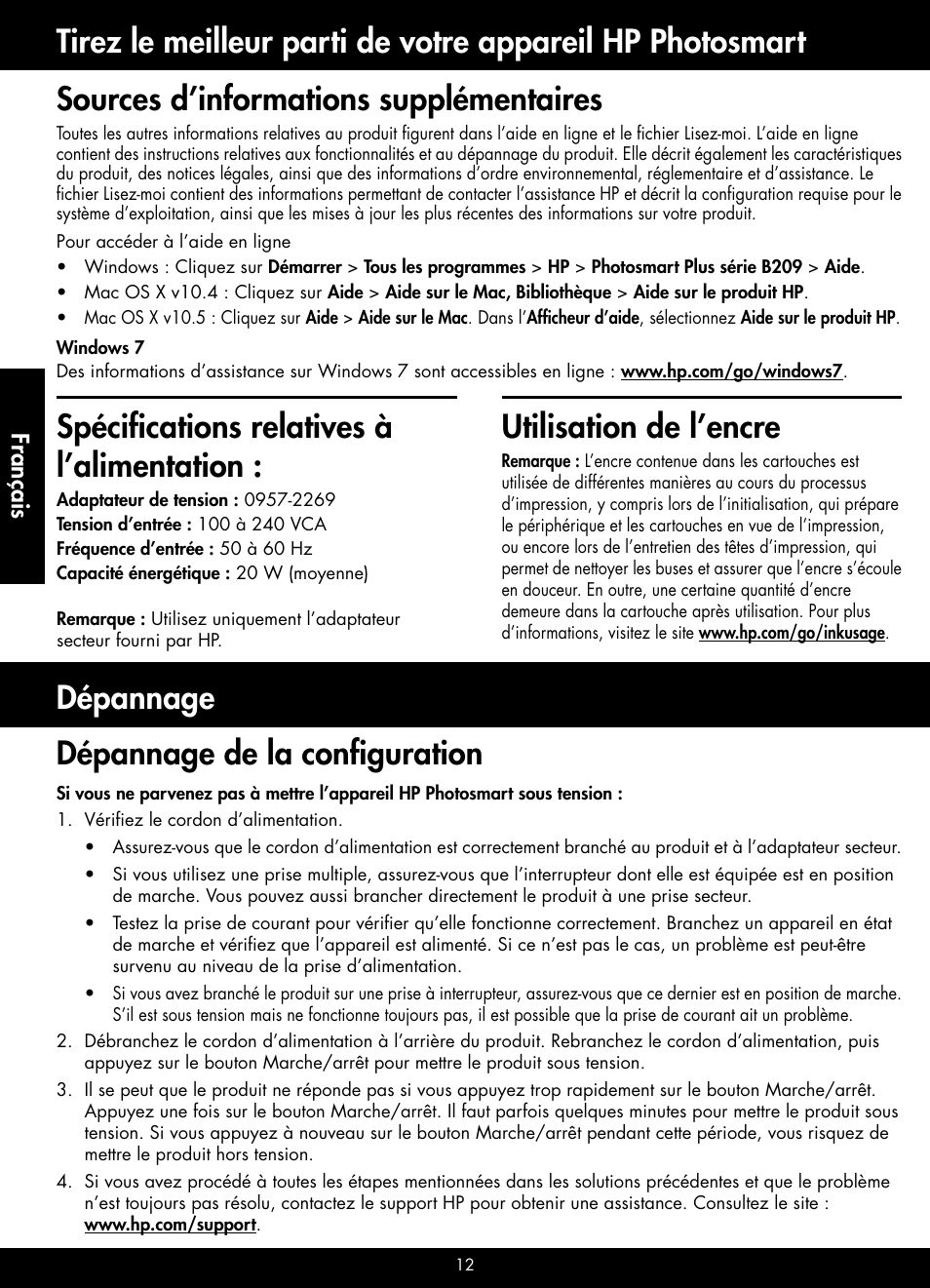 Sources d’informations supplémentaires, Français | HP B209 User Manual | Page 12 / 24