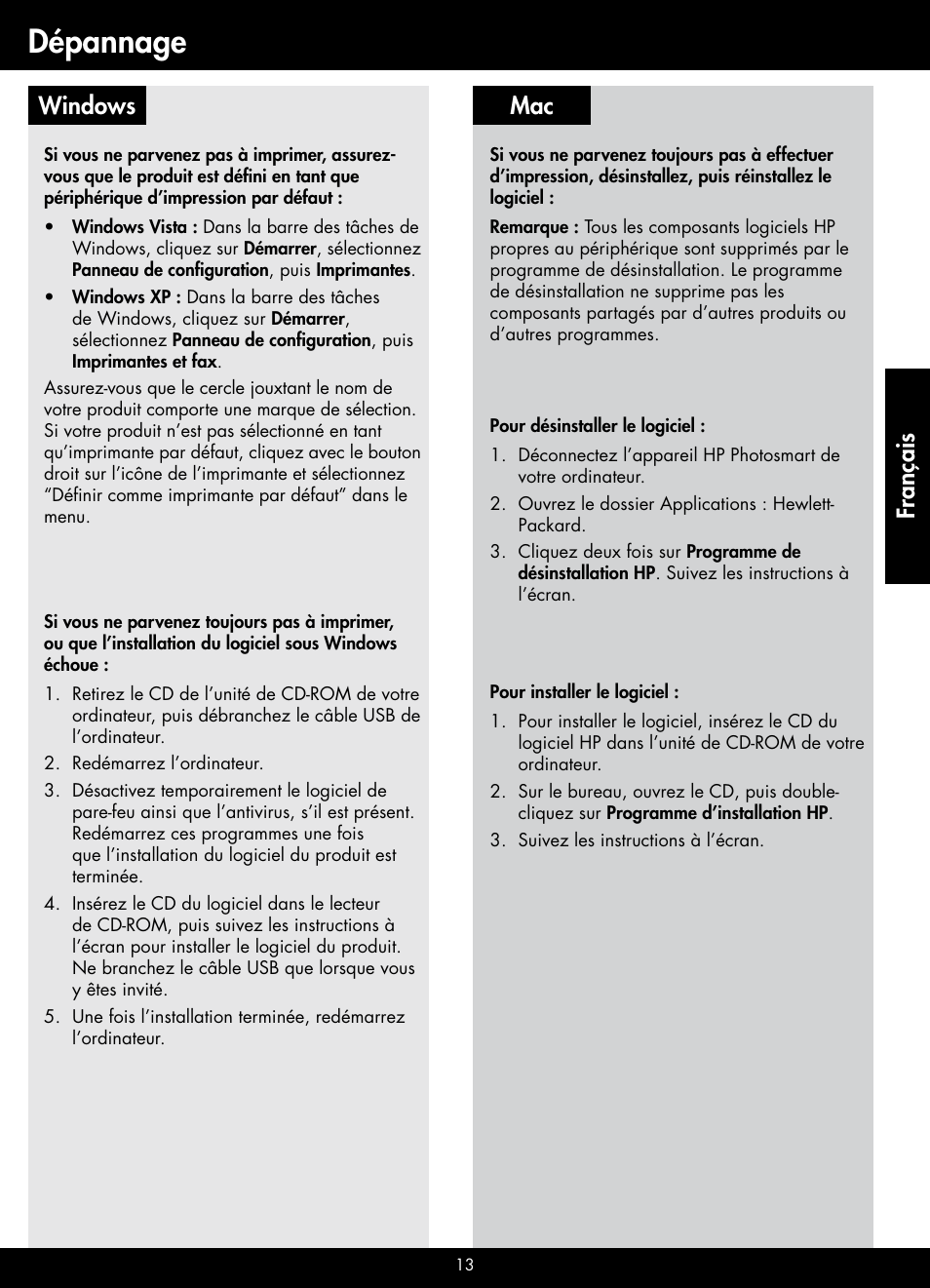 Dépannage, Mac windows, Français | HP B209 User Manual | Page 13 / 24