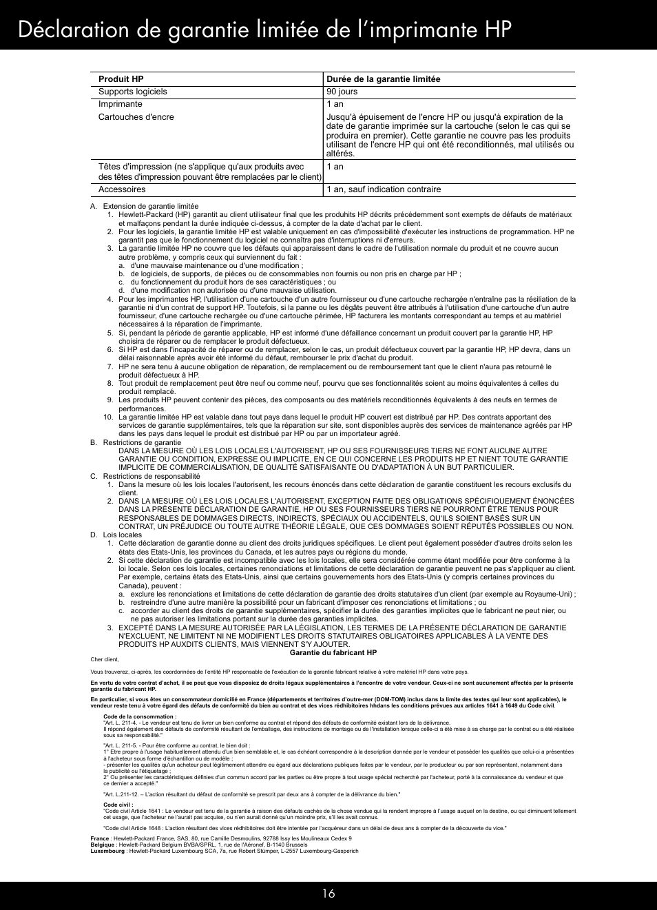 Déclaration de garantie limitée de l’imprimante hp | HP B209 User Manual | Page 16 / 24