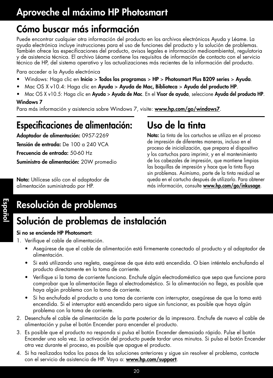 Cómo buscar más información, Español | HP B209 User Manual | Page 20 / 24