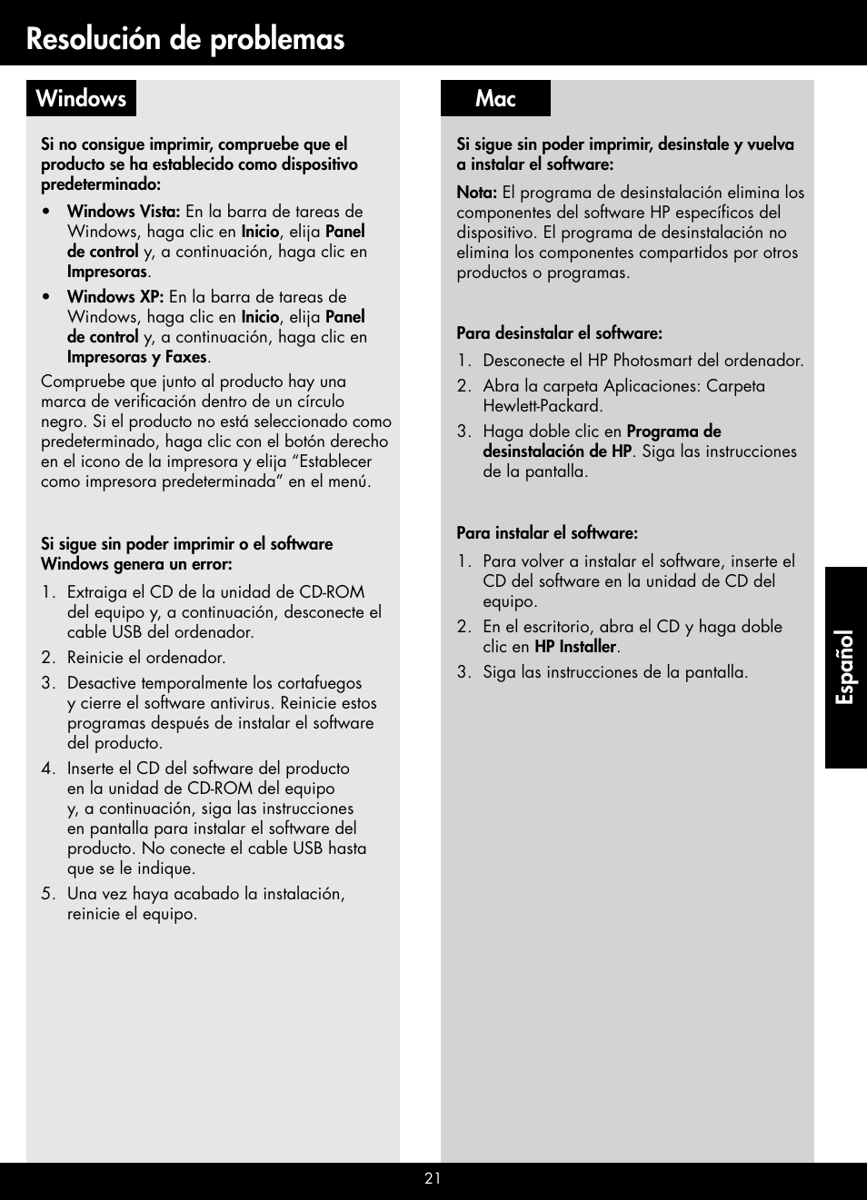 Resolución de problemas, Mac windows, Español | HP B209 User Manual | Page 21 / 24