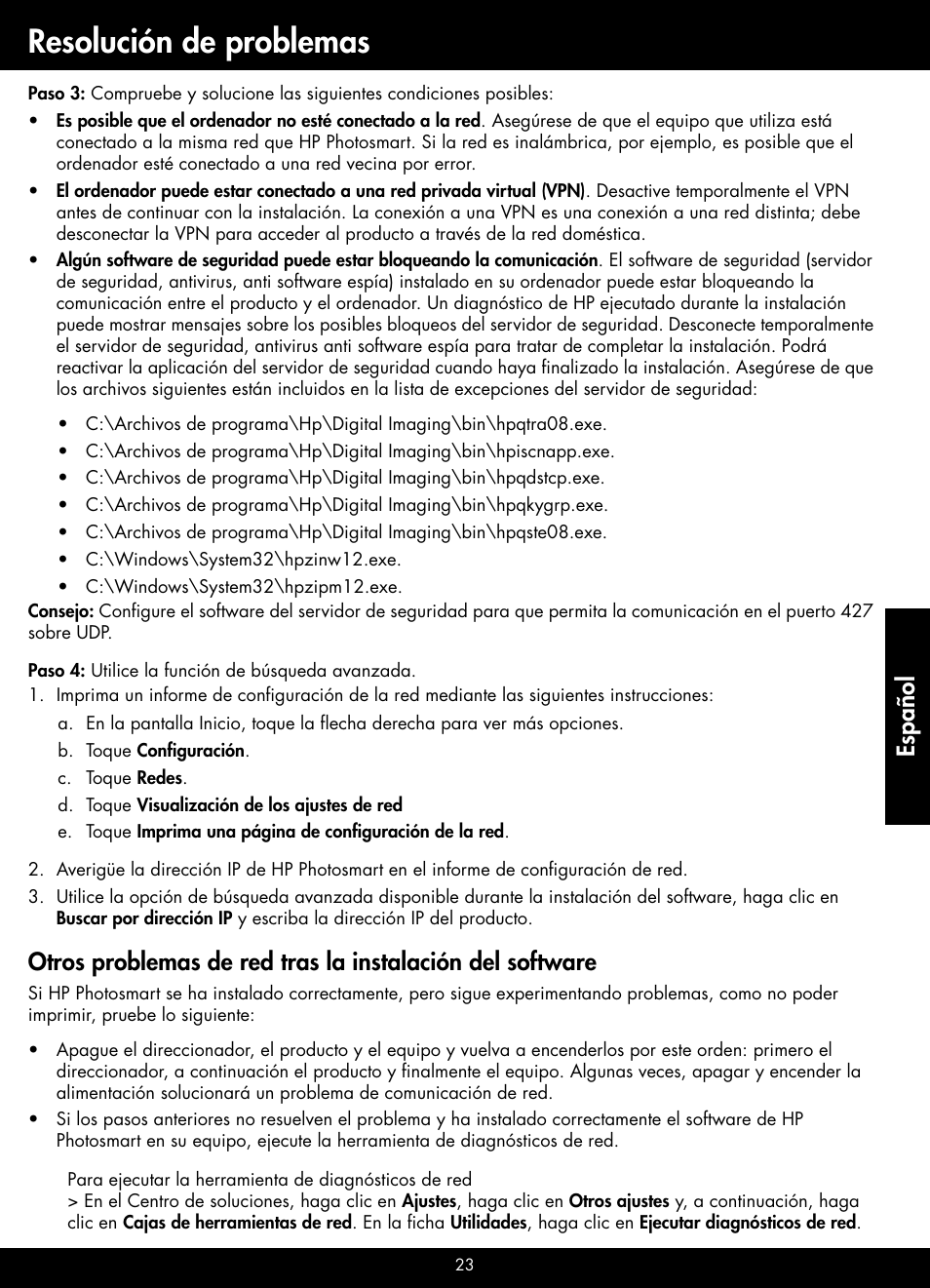 Resolución de problemas, Español | HP B209 User Manual | Page 23 / 24