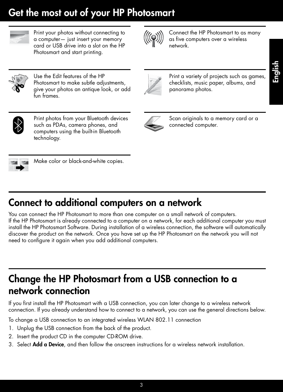 Connect to additional computers on a network, Get the most out of your hp photosmart, English | HP B209 User Manual | Page 3 / 24