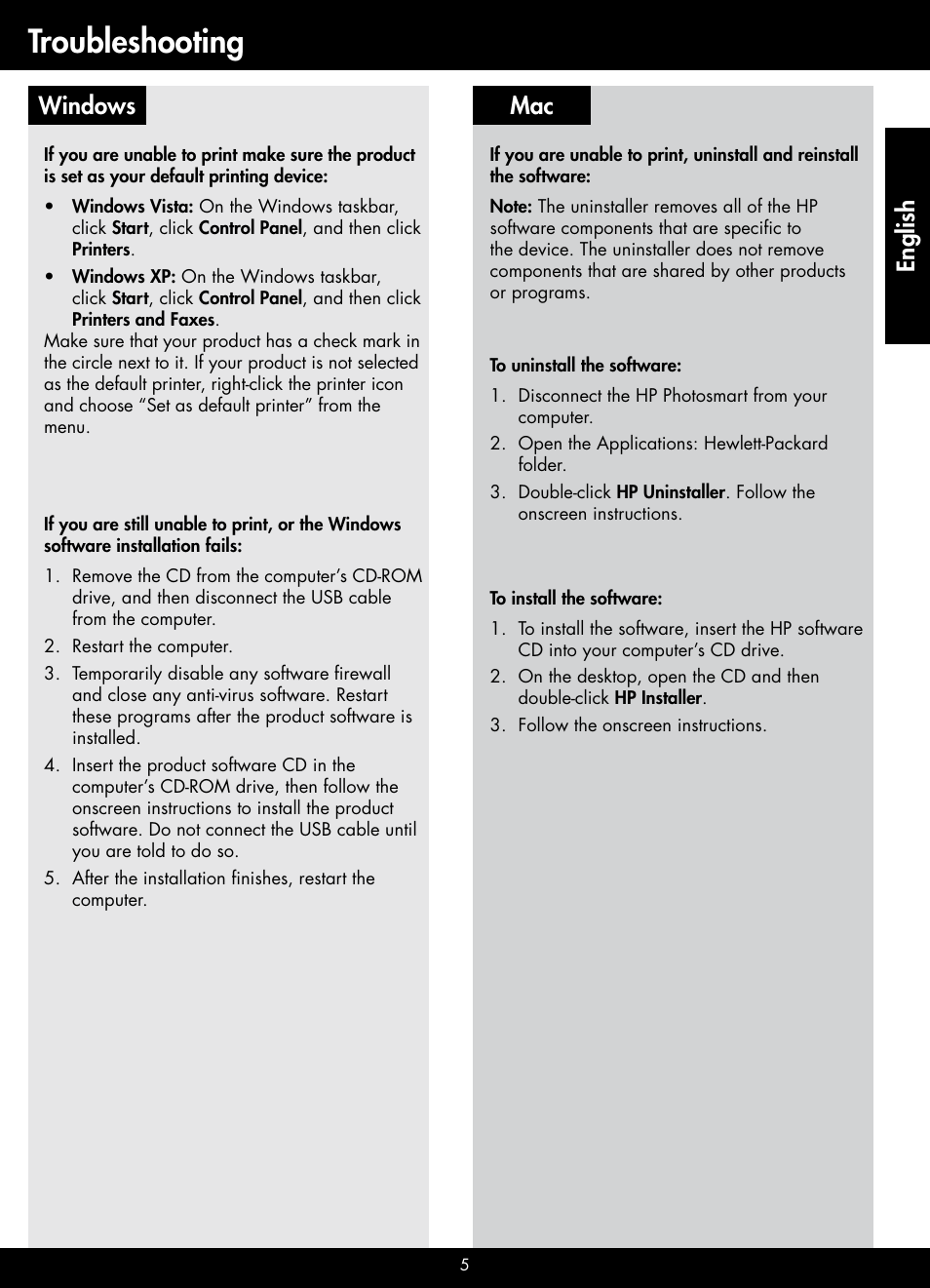 Troubleshooting, Mac windows, English | HP B209 User Manual | Page 5 / 24