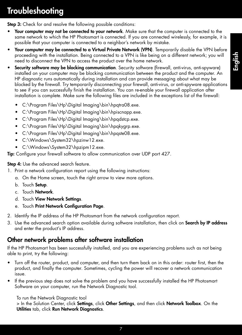 Troubleshooting, Other network problems after software installation, English | HP B209 User Manual | Page 7 / 24