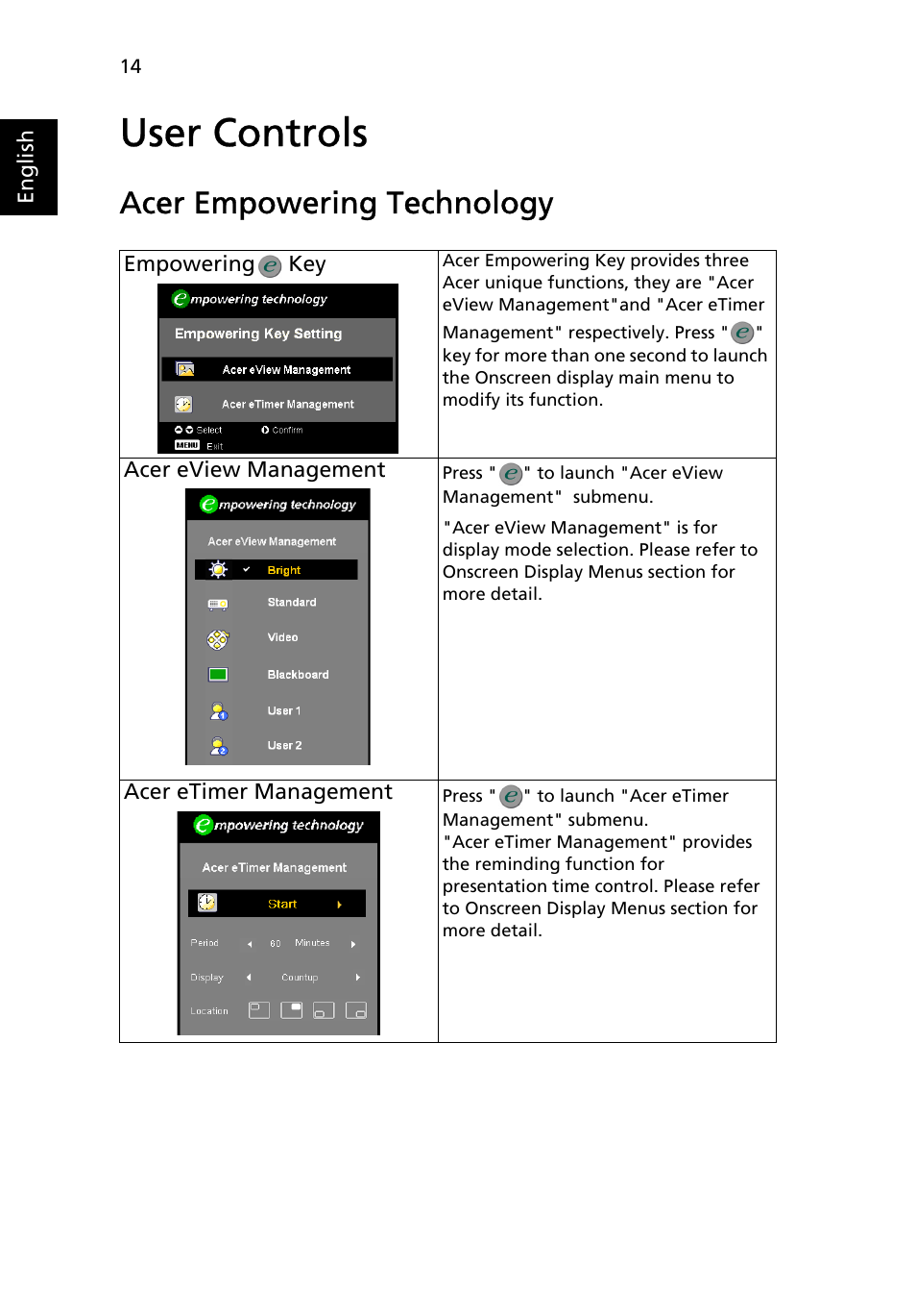 User controls, Acer empowering technology | HP X1160 User Manual | Page 26 / 52