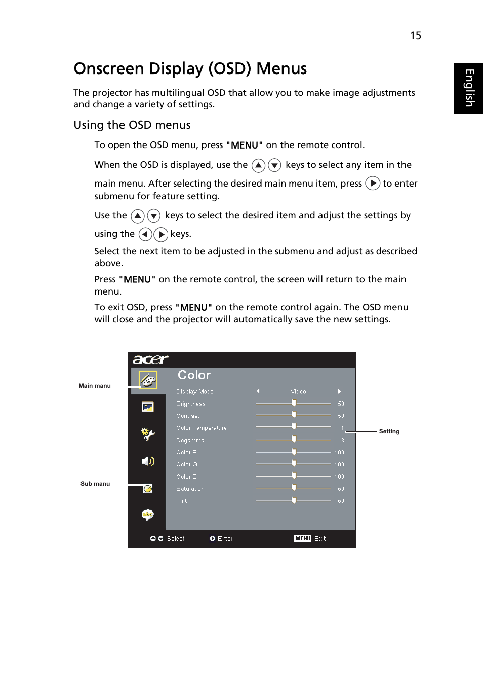 Onscreen display (osd) menus | HP X1160 User Manual | Page 27 / 52