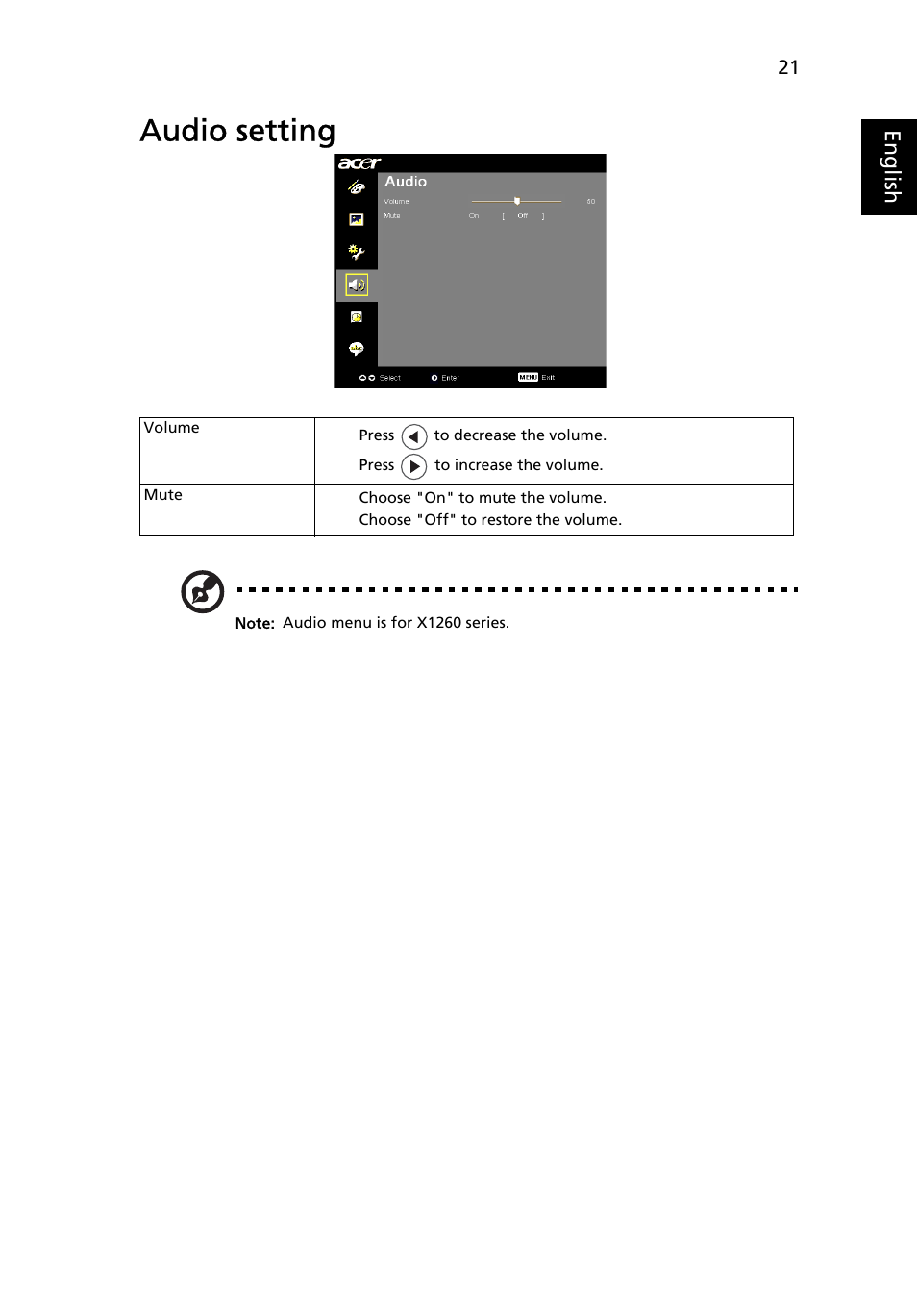 Audio setting | HP X1160 User Manual | Page 33 / 52