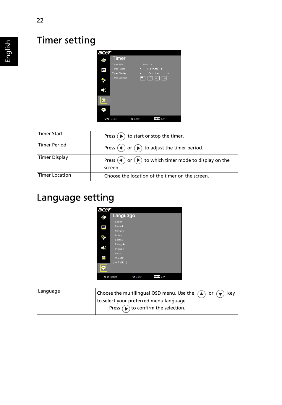 Language setting, Timer setting language setting, English | HP X1160 User Manual | Page 34 / 52