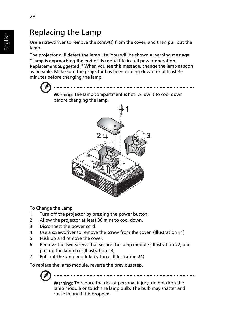 Replacing the lamp | HP X1160 User Manual | Page 40 / 52