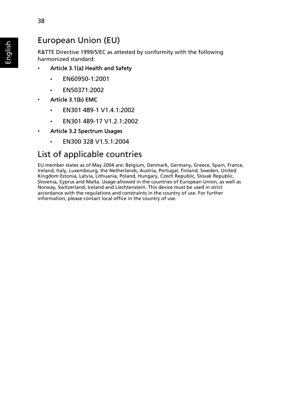 European union (eu), List of applicable countries | HP X1160 User Manual | Page 50 / 52