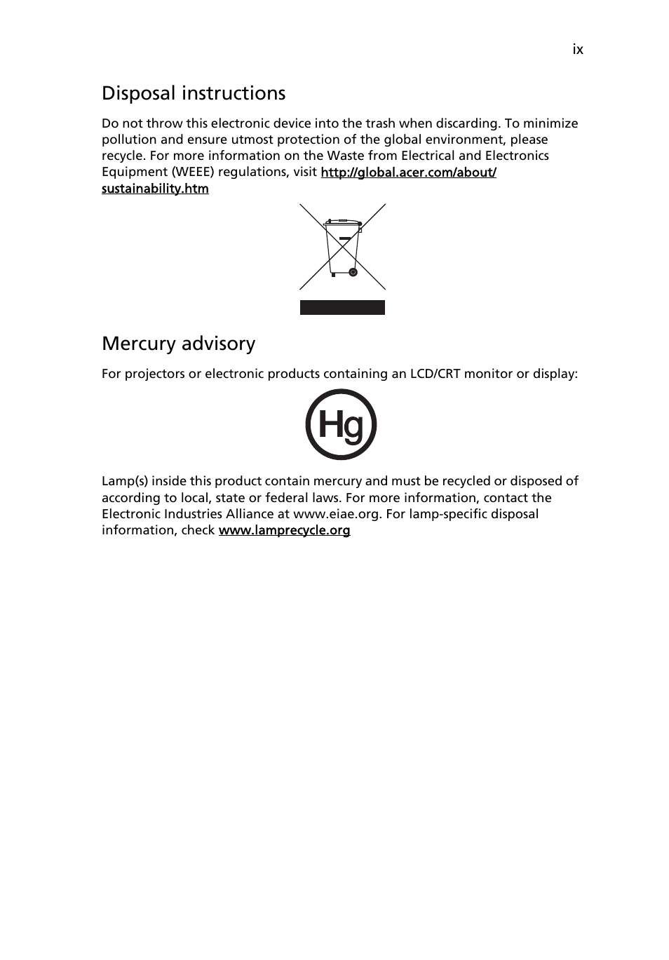 Disposal instructions, Mercury advisory | HP X1160 User Manual | Page 9 / 52