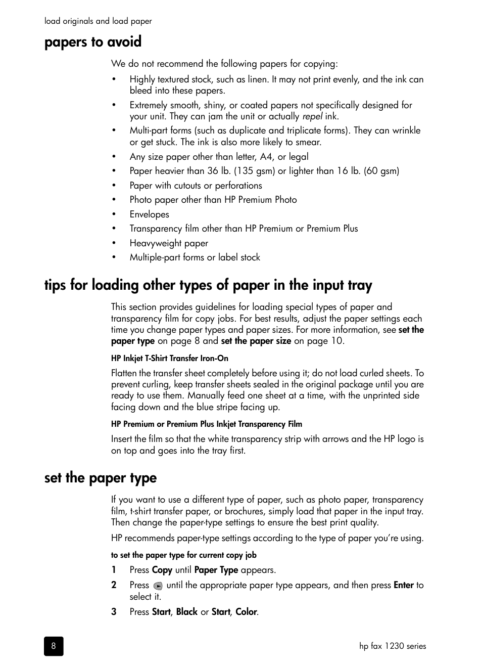 Papers to avoid, Set the paper type, Ee tips for loading | HP 1230 SERIES User Manual | Page 14 / 88