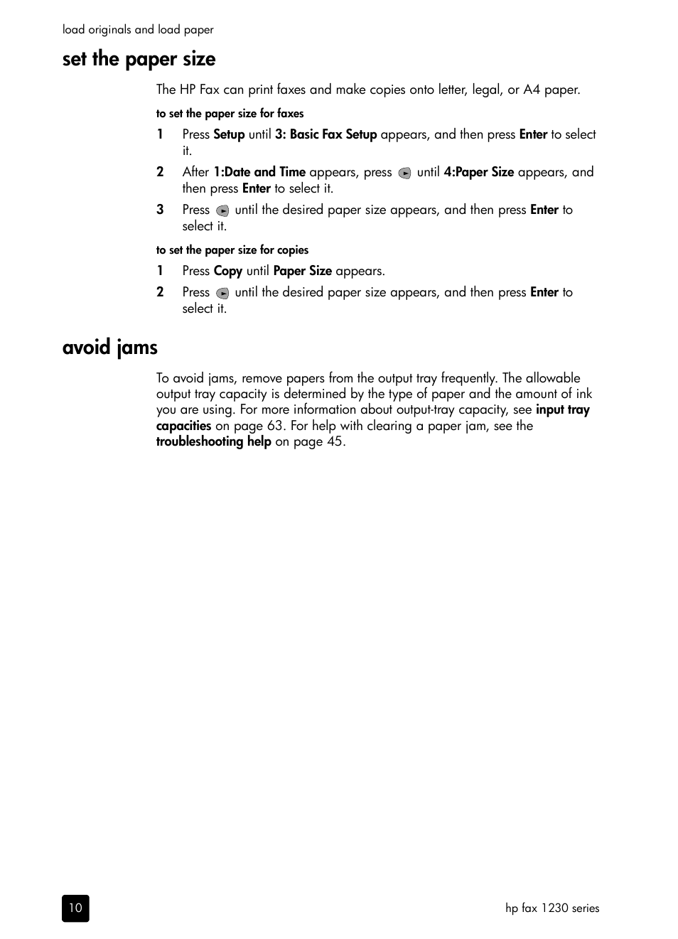 Set the paper size, Avoid jams, D set the | HP 1230 SERIES User Manual | Page 16 / 88