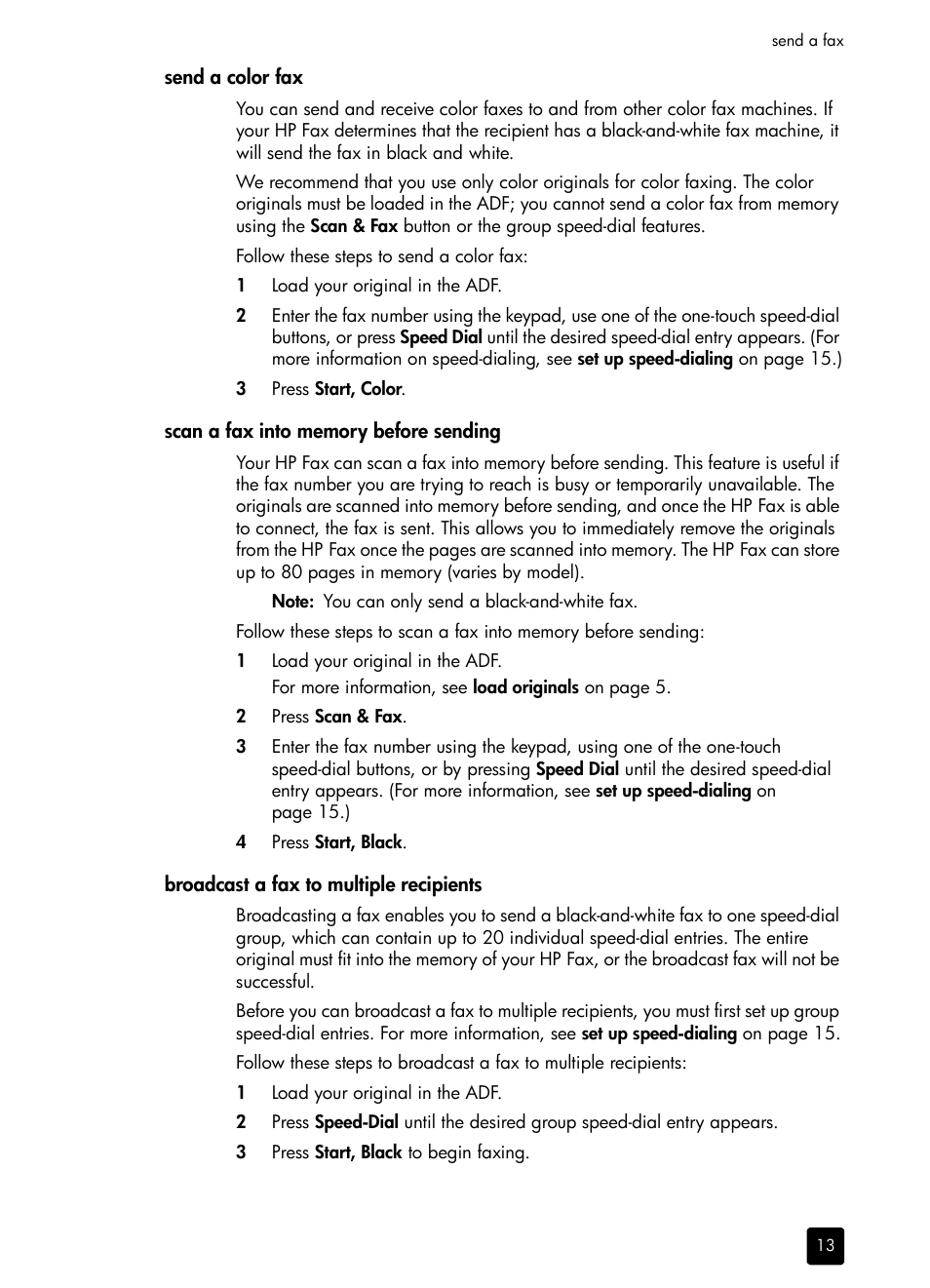 Send a color fax, Scan a fax into memory before sending, Broadcast a fax to multiple recipients | HP 1230 SERIES User Manual | Page 19 / 88