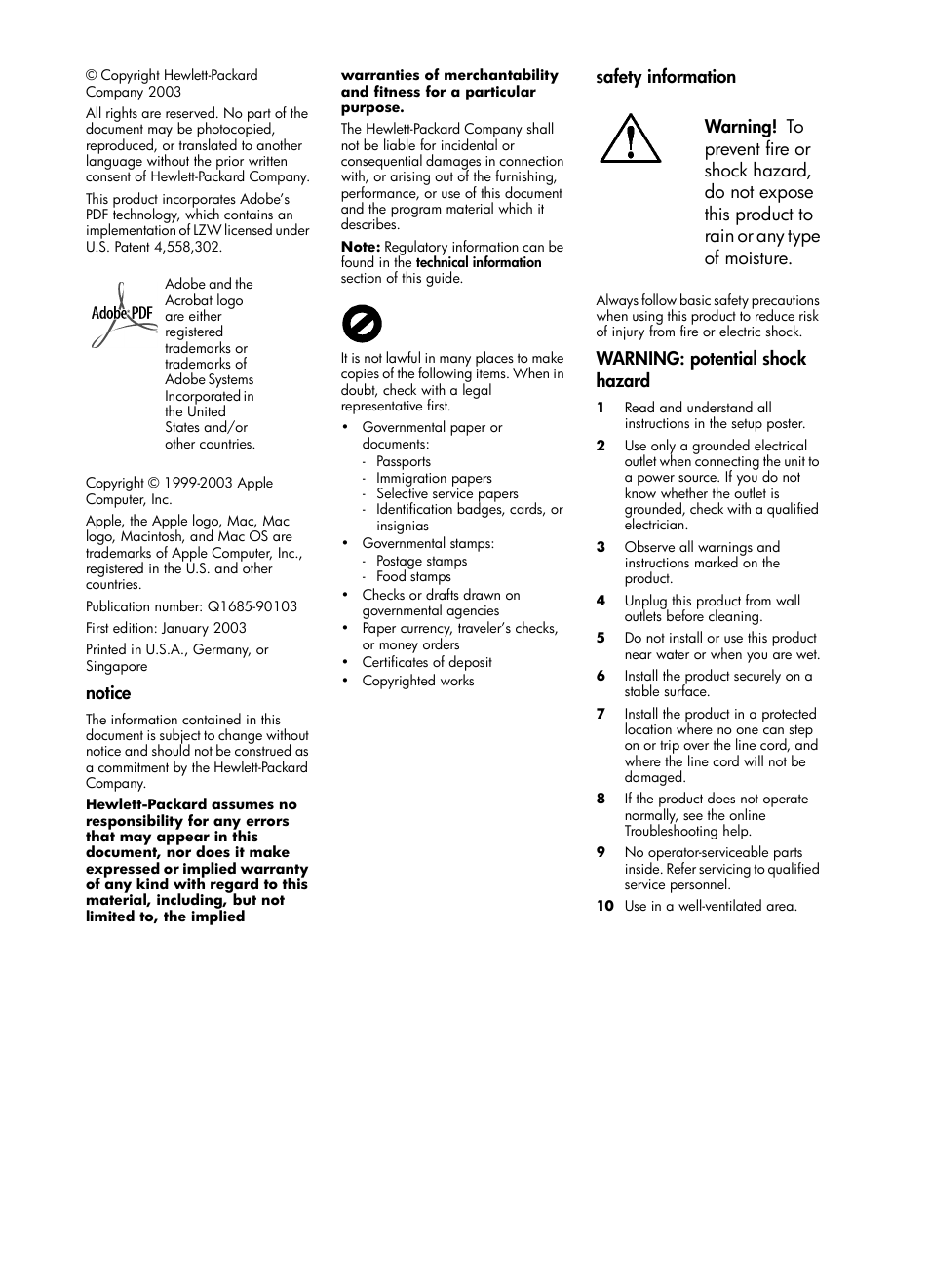 Notice, Safety information, Warning: potential shock hazard | HP 1230 SERIES User Manual | Page 2 / 88