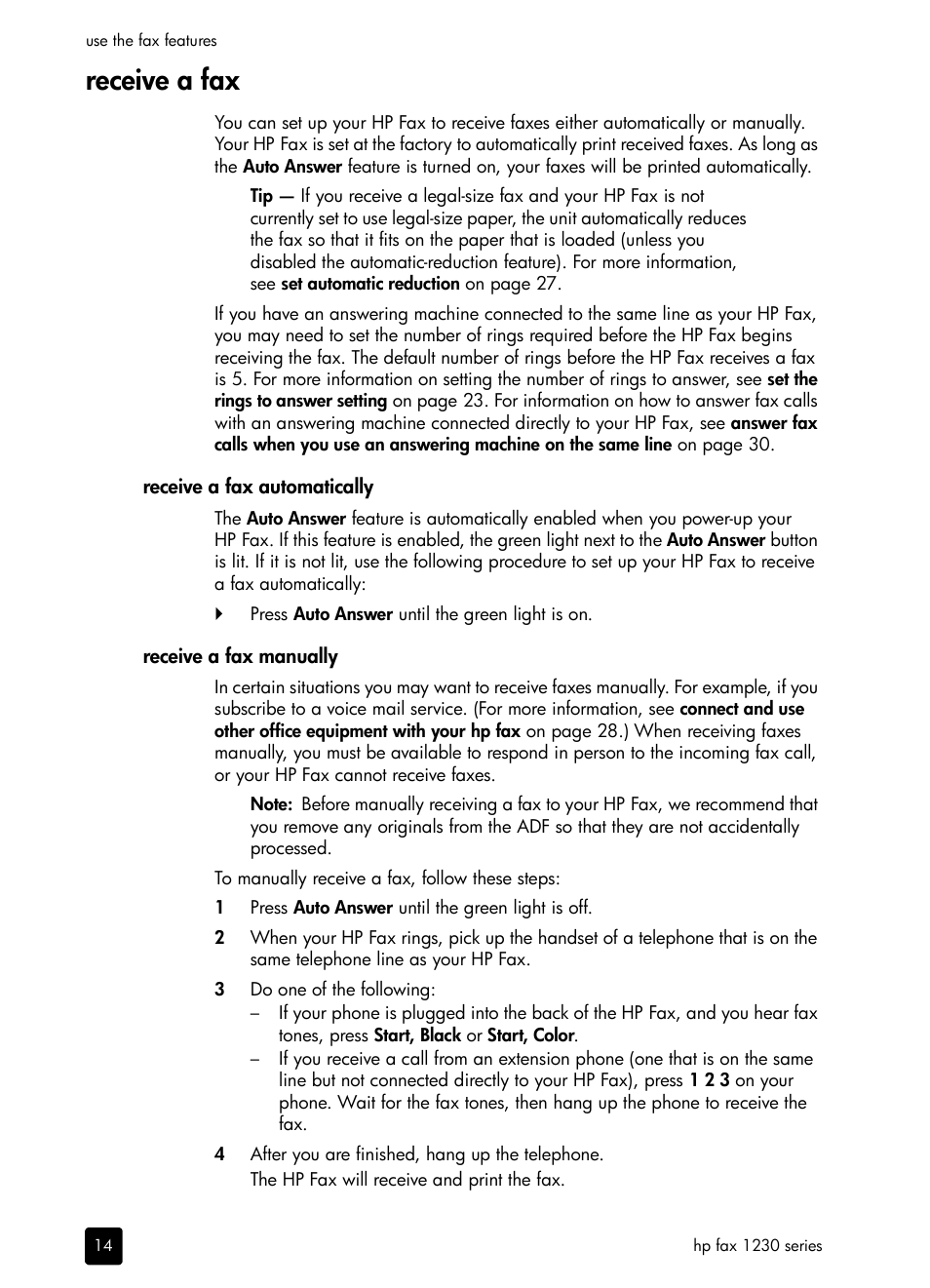 Receive a fax, Receive a fax automatically, Receive a fax manually | HP 1230 SERIES User Manual | Page 20 / 88