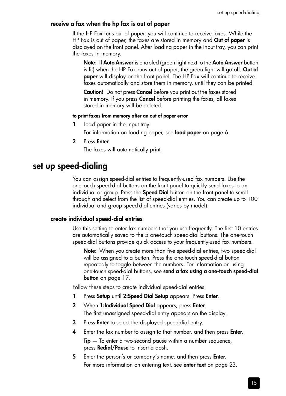 Receive a fax when the hpfax is out of paper, Set up speed-dialing, Create individual speed-dial entries | Receive a fax when the hp fax is out of paper, Set up speed-dialing on | HP 1230 SERIES User Manual | Page 21 / 88