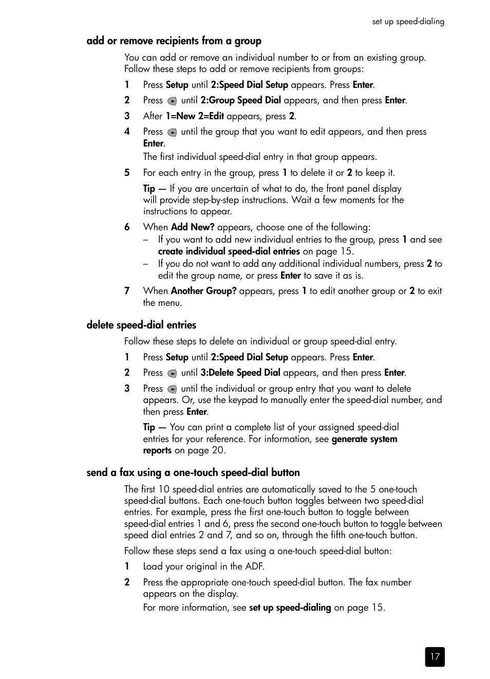 Add or remove recipients from a group, Delete speed-dial entries, Send a fax using a one-touch speed-dial button | See send a fax using a one-touch speed-dial, Ee send a fax using a one-touch speed-dial | HP 1230 SERIES User Manual | Page 23 / 88