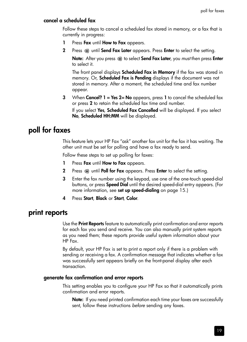 Cancel a scheduled fax, Poll for faxes, Print reports | Generate fax confirmation and error reports | HP 1230 SERIES User Manual | Page 25 / 88