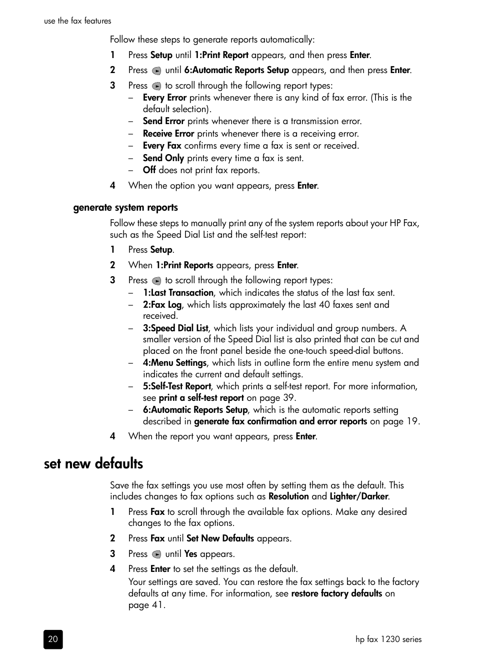 Generate system reports, Set new defaults, Generate system | HP 1230 SERIES User Manual | Page 26 / 88