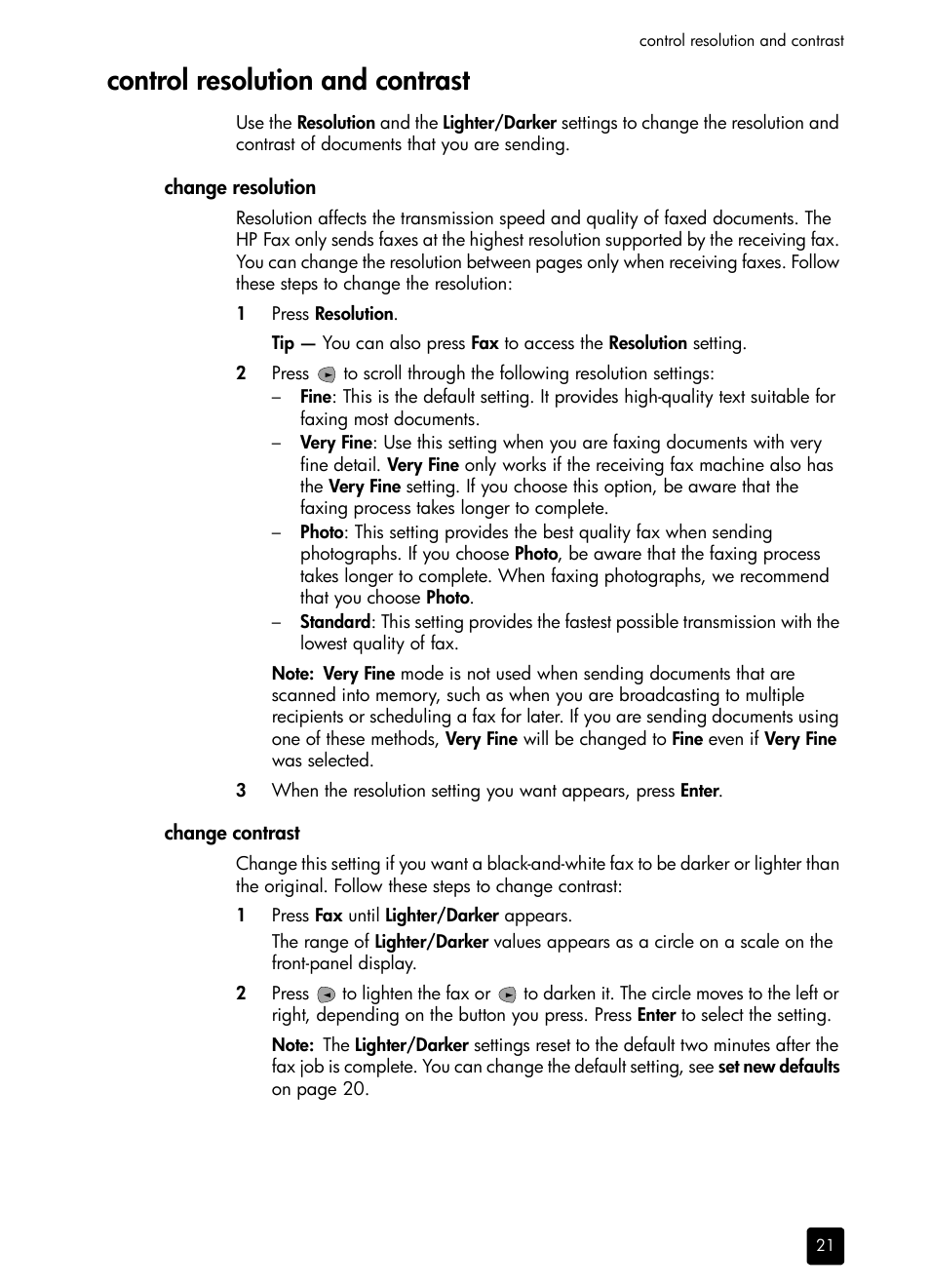 Control resolution and contrast, Change resolution, Change contrast | HP 1230 SERIES User Manual | Page 27 / 88
