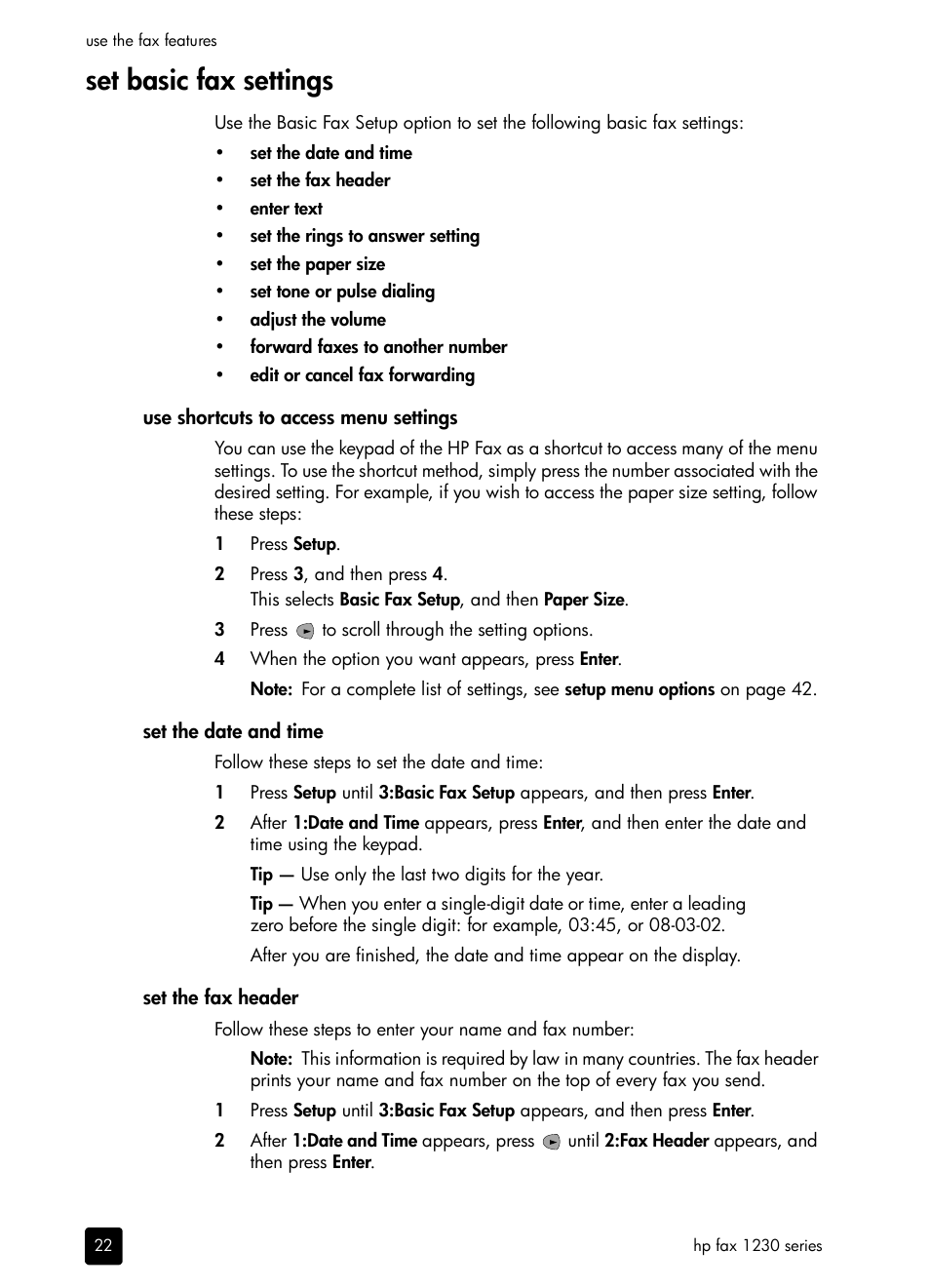 Set basic fax settings, Use shortcuts to access menu settings, Set the date and time | Set the fax header | HP 1230 SERIES User Manual | Page 28 / 88