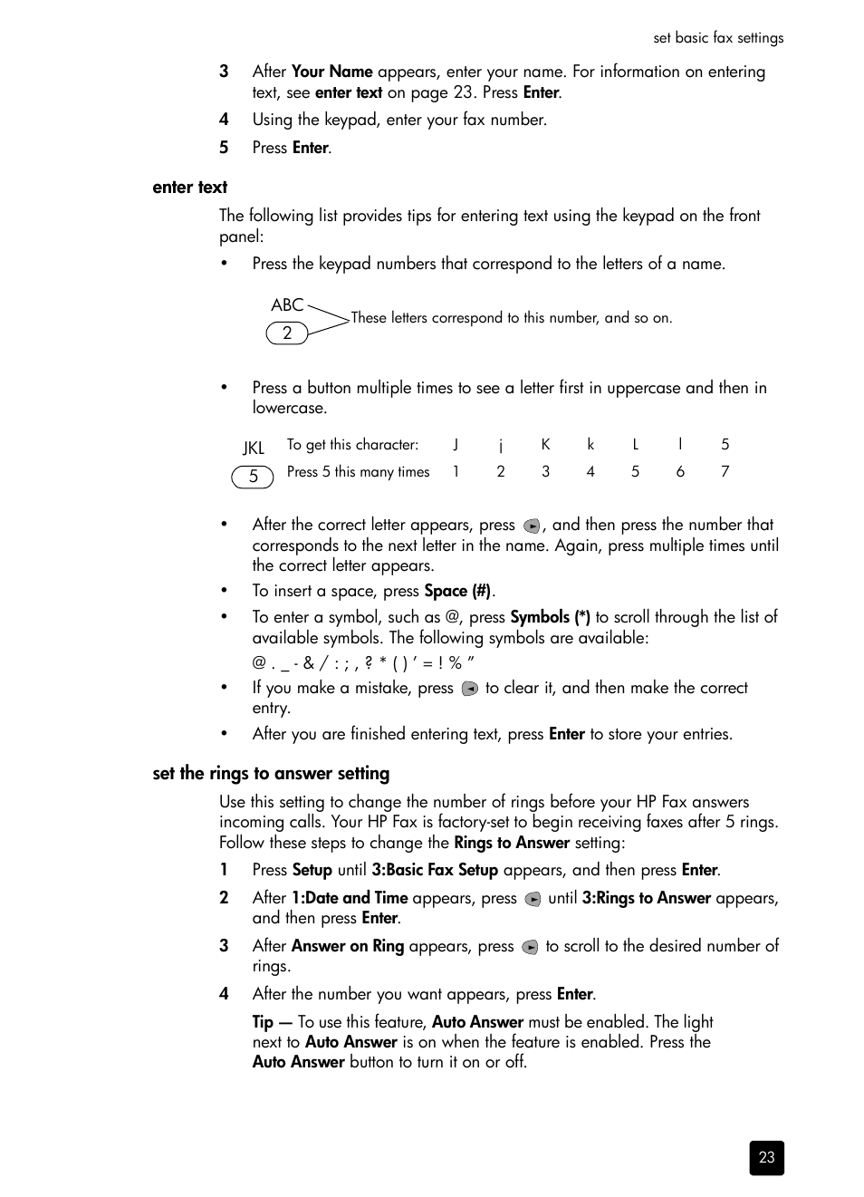 Enter text, Set the rings to answer setting, Set the | HP 1230 SERIES User Manual | Page 29 / 88