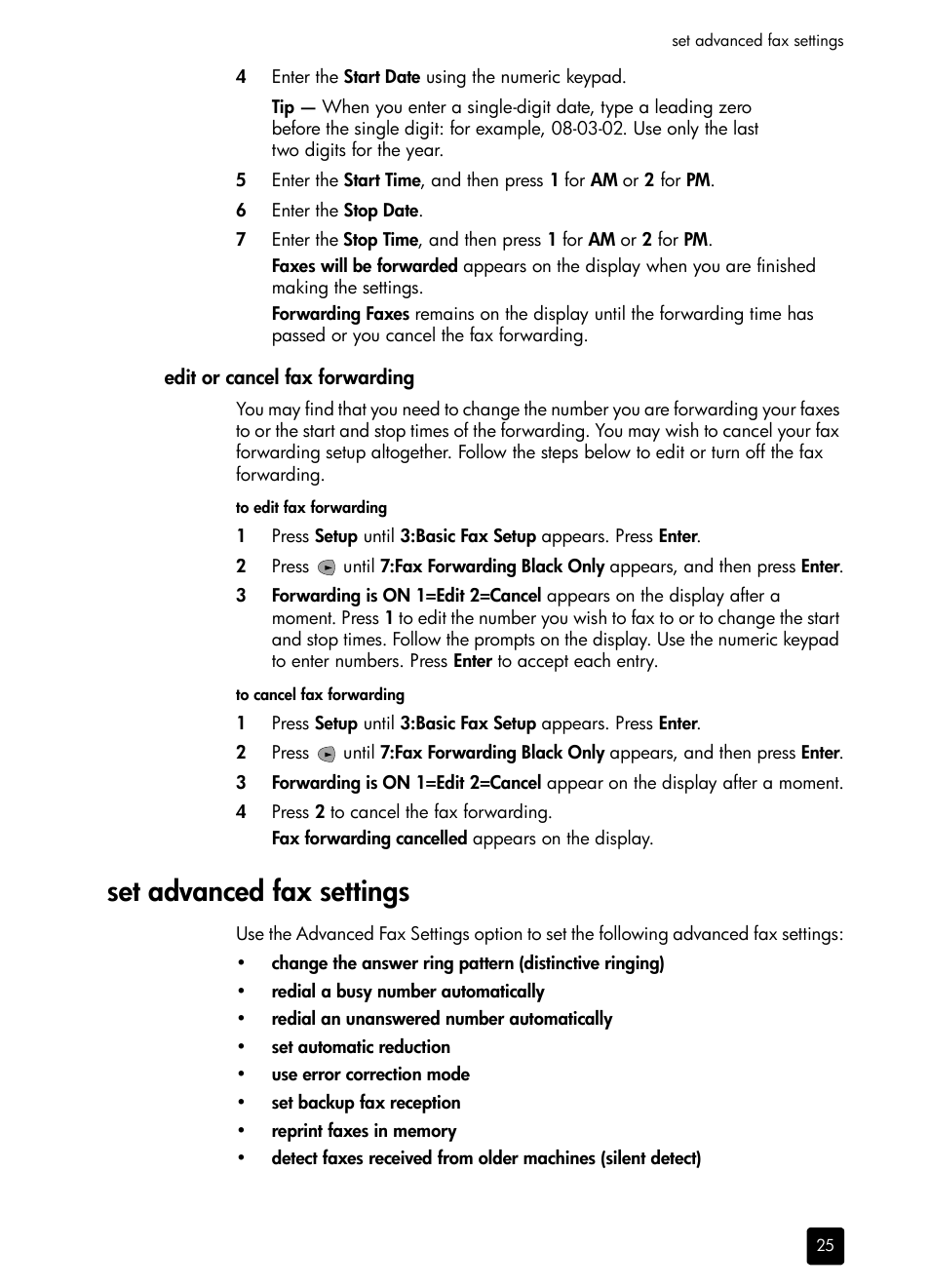 Edit or cancel fax forwarding, Set advanced fax settings | HP 1230 SERIES User Manual | Page 31 / 88