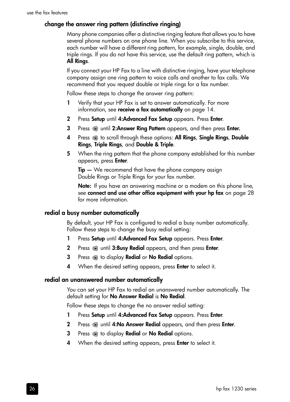 Redial a busy number automatically, Redial an unanswered number automatically | HP 1230 SERIES User Manual | Page 32 / 88