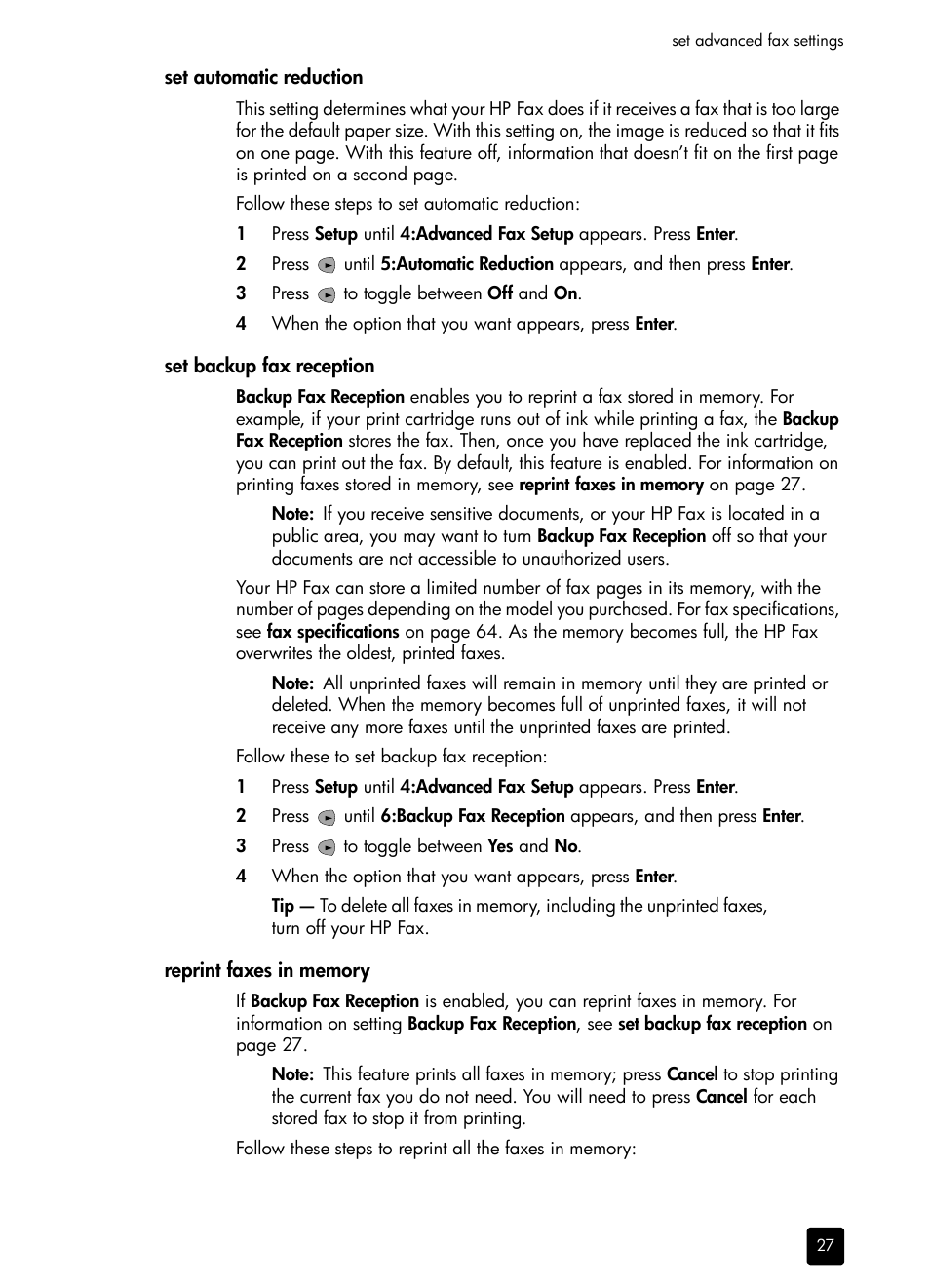 Set automatic reduction, Set backup fax reception, Reprint faxes in memory | HP 1230 SERIES User Manual | Page 33 / 88