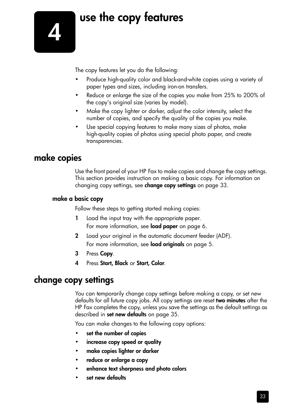 Use the copy features, Make copies, Make a basic copy | Change copy settings, 4 use the copy features | HP 1230 SERIES User Manual | Page 39 / 88