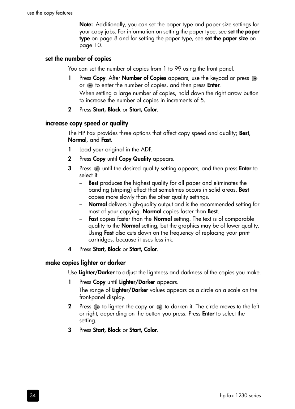 Set the numberof copies, Increase copy speed or quality, Make copies lighter or darker | Set the number of copies | HP 1230 SERIES User Manual | Page 40 / 88