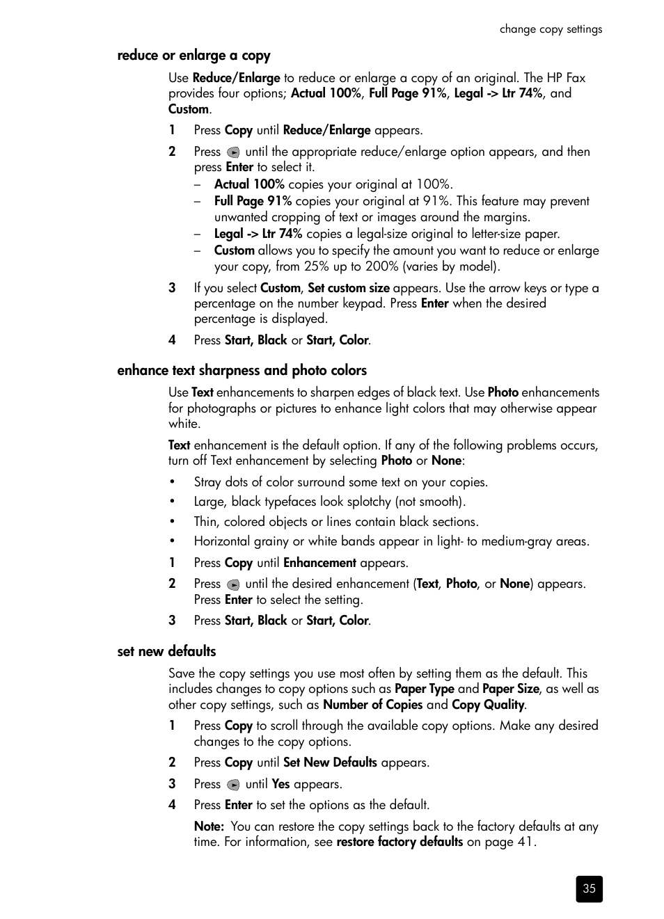 Reduce or enlarge a copy, Enhance text sharpness and photo colors, Set new defaults | HP 1230 SERIES User Manual | Page 41 / 88