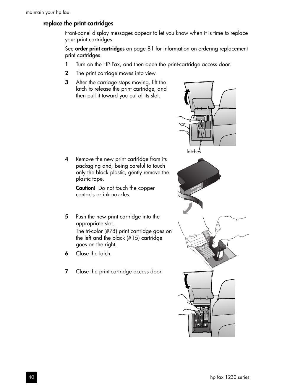 Replace the print cartridges | HP 1230 SERIES User Manual | Page 46 / 88