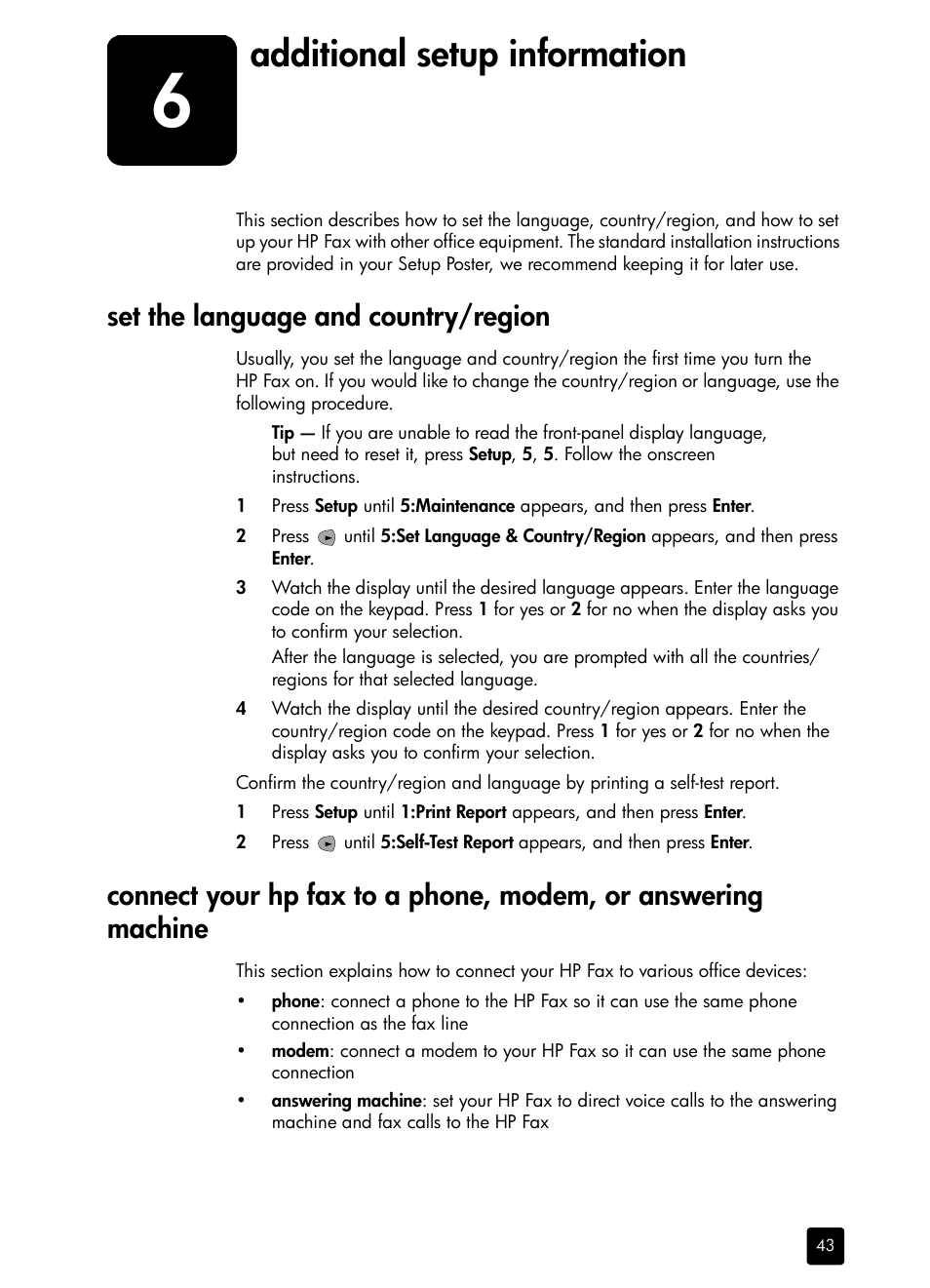 Additional setup information, Set the language and country/region, 6 additional setup information | HP 1230 SERIES User Manual | Page 49 / 88