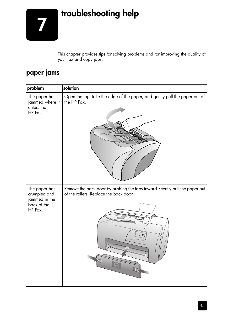 Troubleshooting help, Paper jams, 7 troubleshooting help | HP 1230 SERIES User Manual | Page 51 / 88