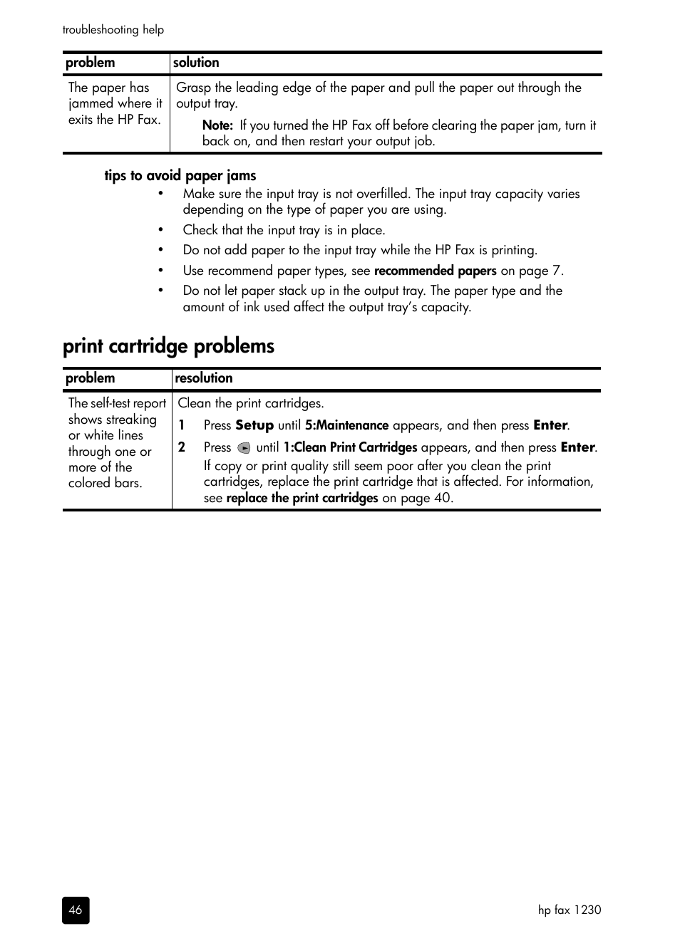 Tips to avoid paper jams, Print cartridge problems | HP 1230 SERIES User Manual | Page 52 / 88